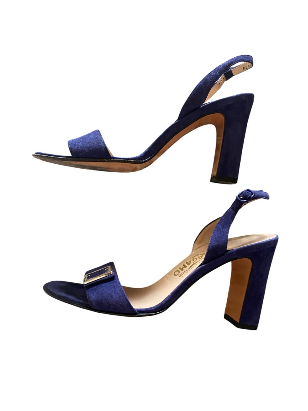 Vintage y2k Salvatore Ferragamo Blue Suede Slingback Block Heels Silver Buckle - Picture 7 of 16